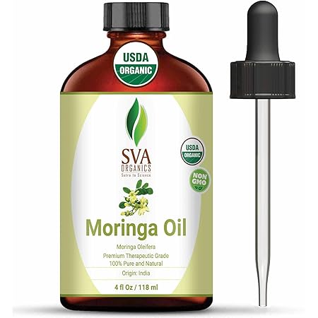 SVA Organics Moringa Oil 4 Oz Organic 100% Pure & Natural Carrier Oil Authentic & Premium Therapeutic Grade Oil for Skin Care, Hair Care, Aromatherapy & Massage
