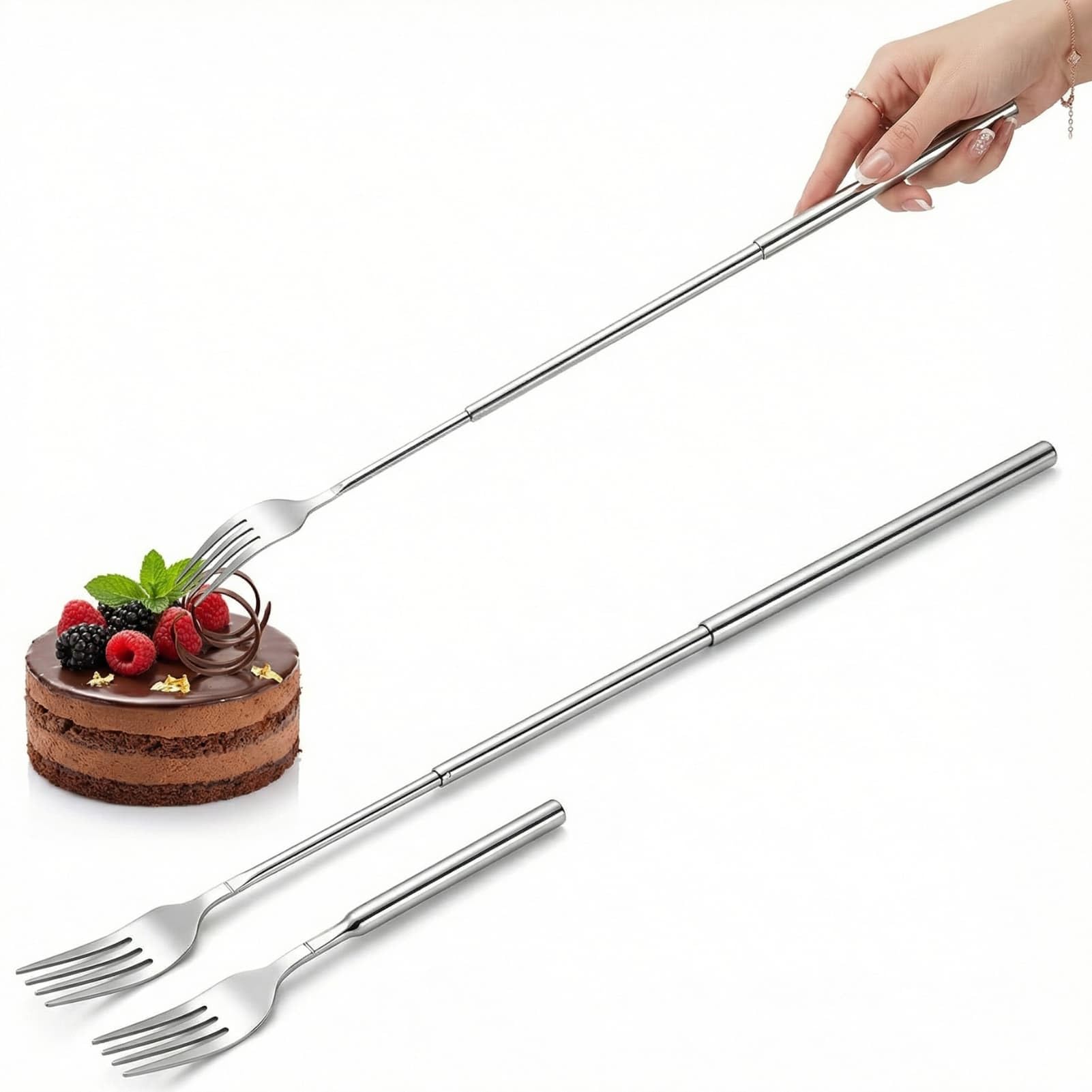 1 set di forchette allungabili in acciaio inox, regolabile da 22 a 65 cm, ideale per barbecue, barbecue e dessert