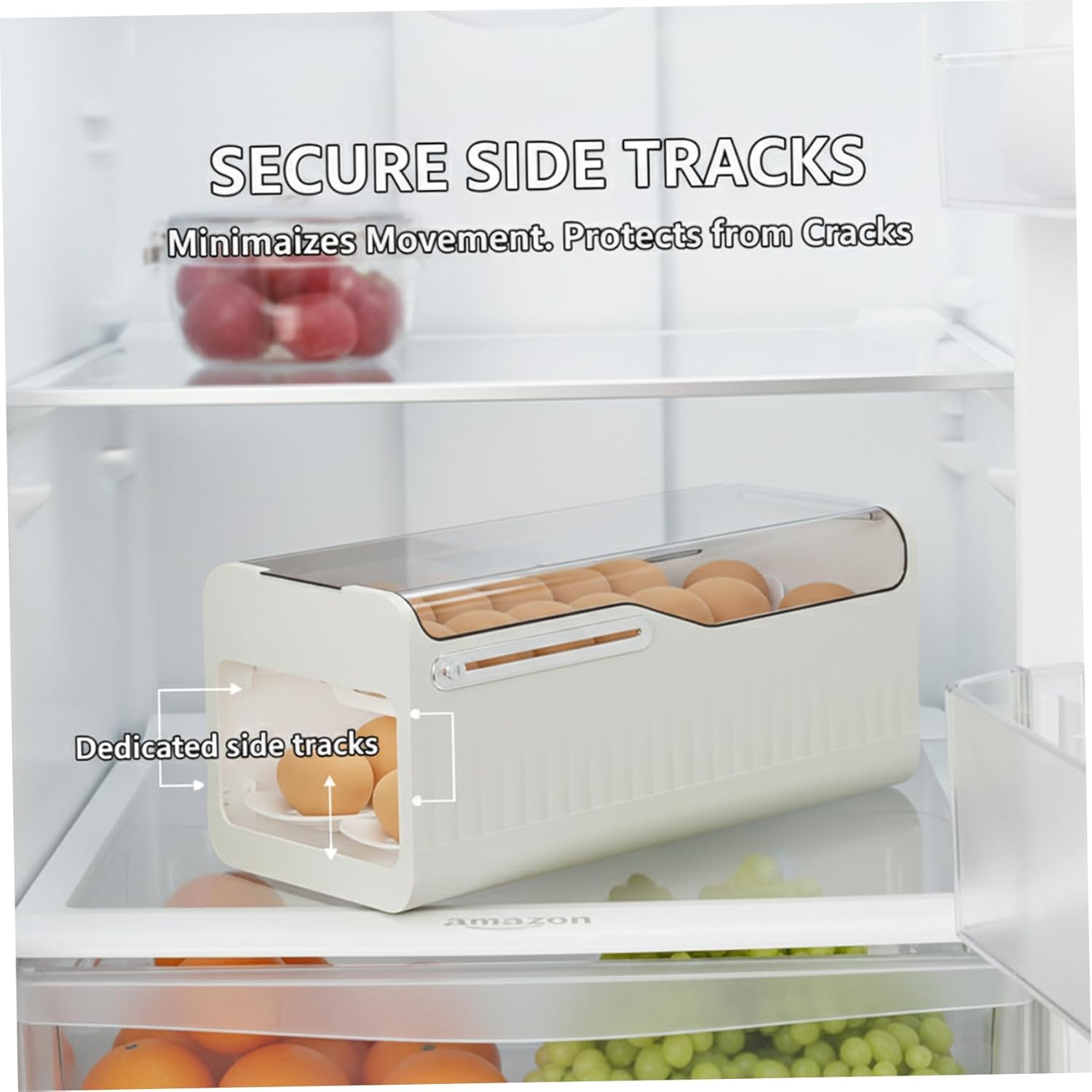 Automatic Egg Dispenser, Large Capacity Egg Holder for Fridge with Secure Tracks, Stackable White Eggs Storage Container for Kitchen