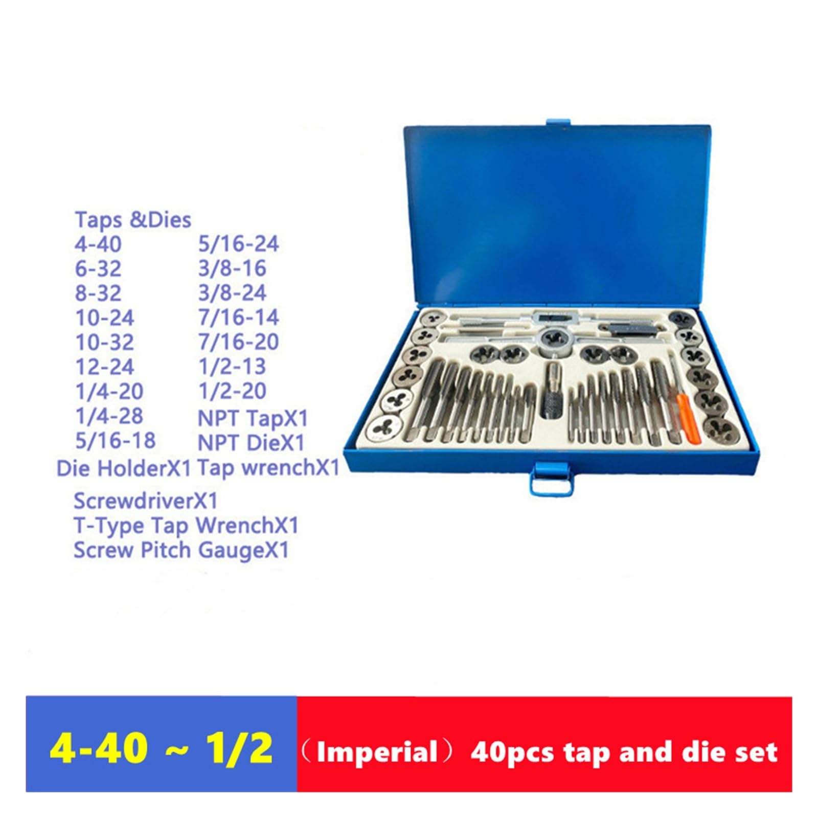 Juego de 40 machos y terrajas métricos e imperiales, utilizados para la combinación Manual de Herramientas de reparación y roscado de roscas internas y externas (40 Piezas-imperiales)