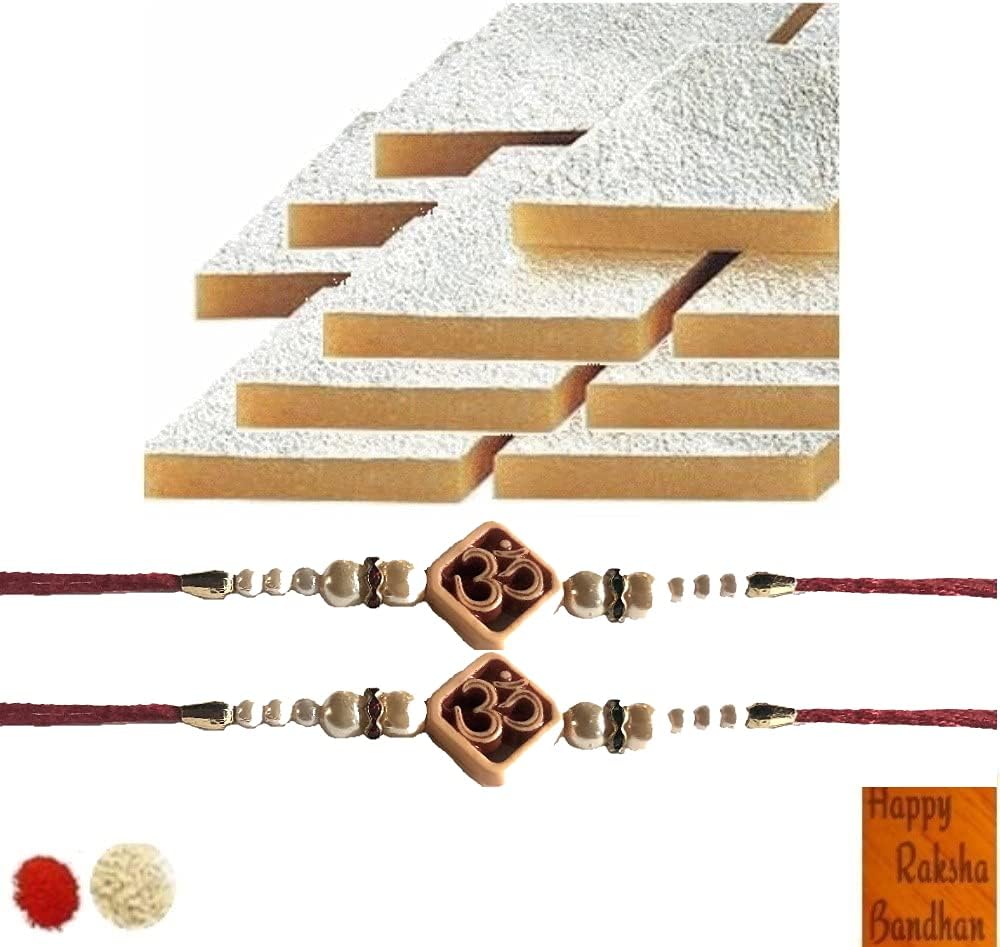 Indian Rakhi - Beautiful OM Rakhi (2) with Kaju Katli (1 pack) - Free Roli Tikka and Rakhi Card