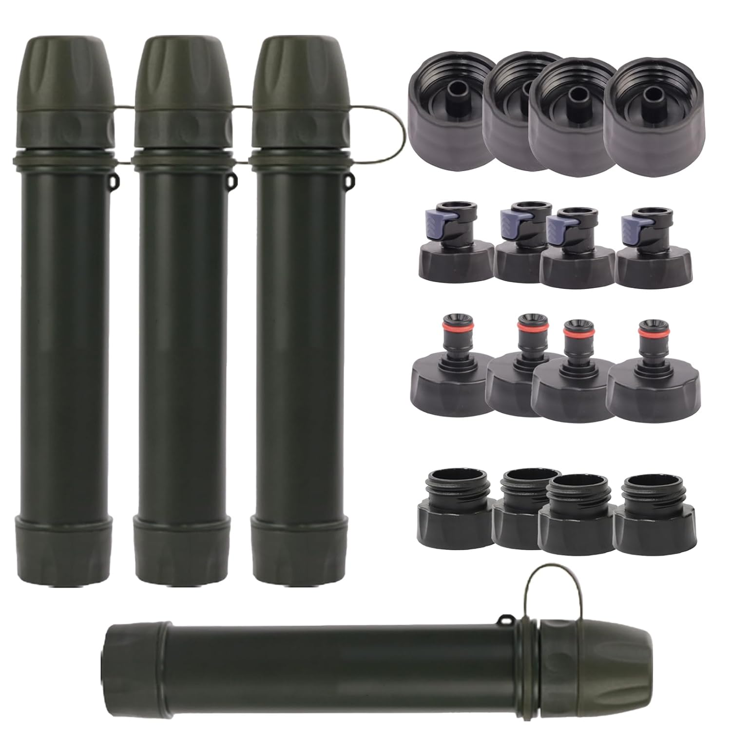 4 Pack Survival Water Filter Straw for Hiking & Camping, 2025 Personal Portable Water Purifier, 3000L Long Life, Includes Bottle & Hydration Bladder Adapters (4, Dark Green, 3x3x19.3cm)