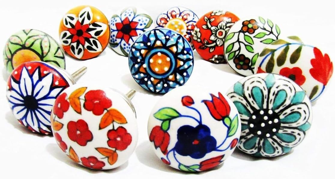 Ceramic Knobs, 12 Pieces Multi Color Handmade Hardware Handles, 2.5-inch Height and 1.7-inch Diameter, Polished, Round, for Kitchens, Bathrooms, Furniture