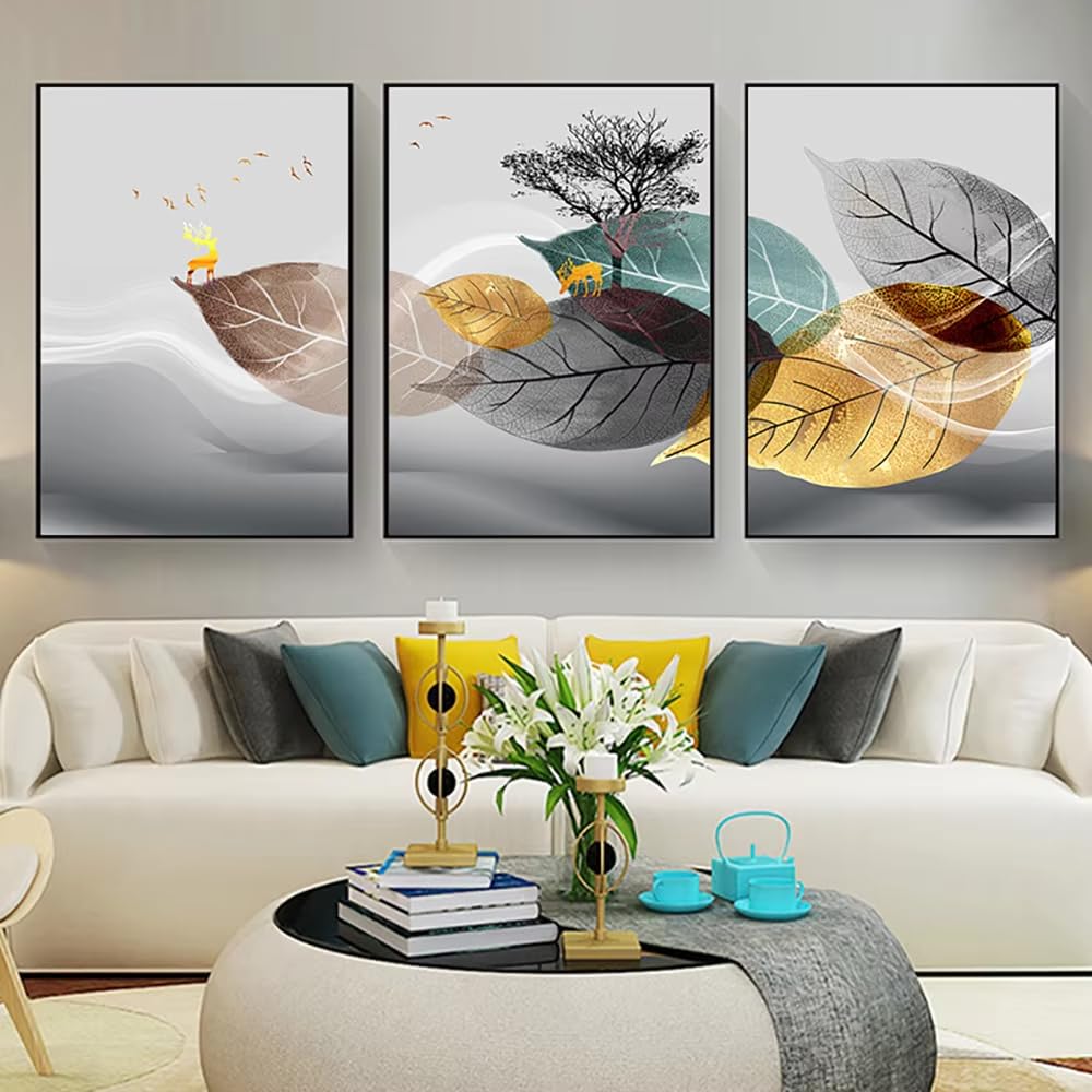awtrhfc Frameless Abstract Grey Golden Blue Leaves Canvas Painting Posters and Print Still Life for Living Room Home(40x60cm(16x24in) x3/No frame)