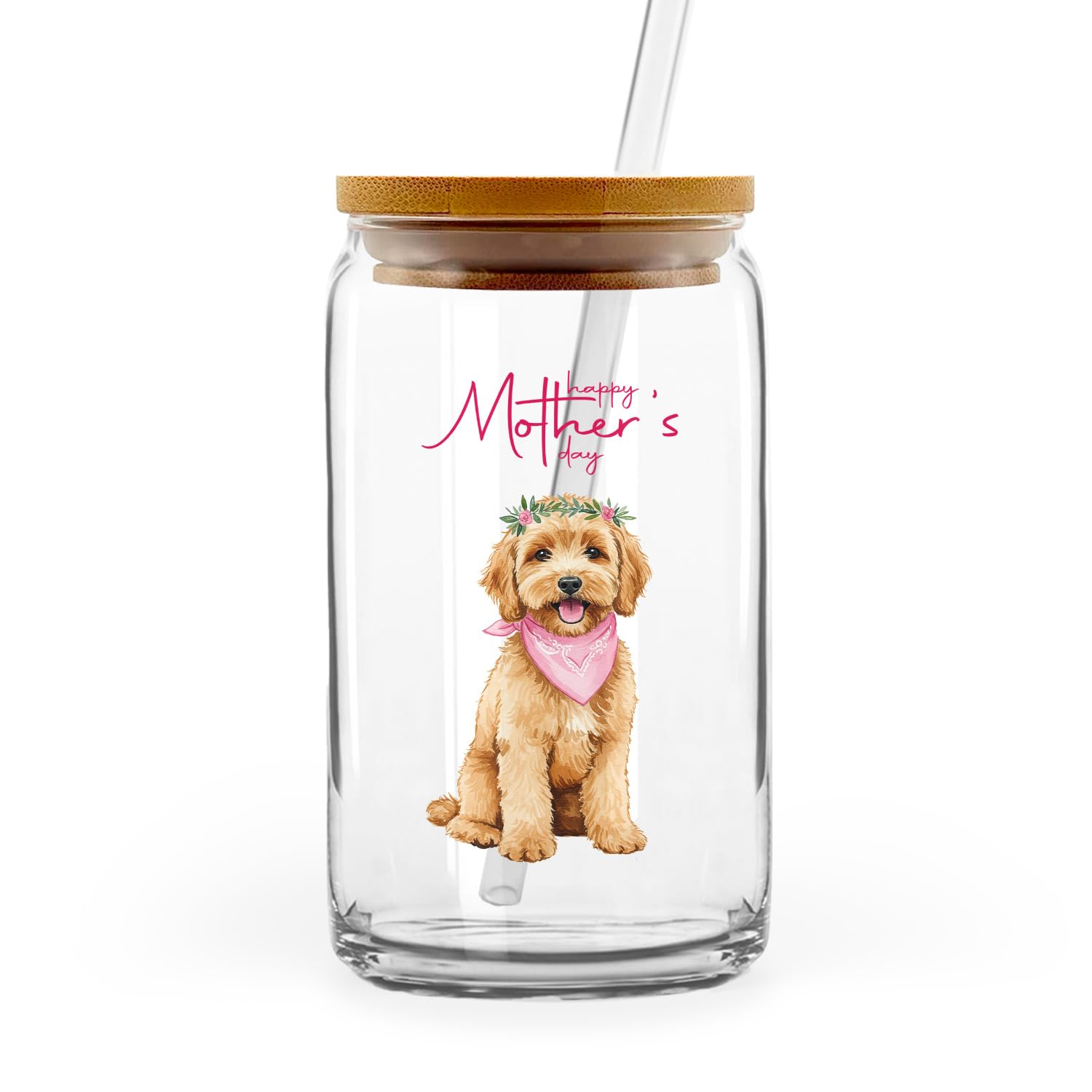 Ninety3POD Happy Mother's Day Goldendoodle Love Dog Mom Heart Flower Glass Cup Mug Doodle Dog Lover Gifts Idea 16oz Glass Can with Bamboo Lid and Straw 12004