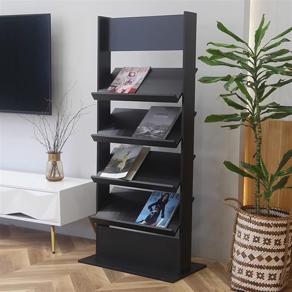 Floor Standing 4-Tier Wooden Magazine Rack, Classic Vertical Newspaper & Brochure Display Stand