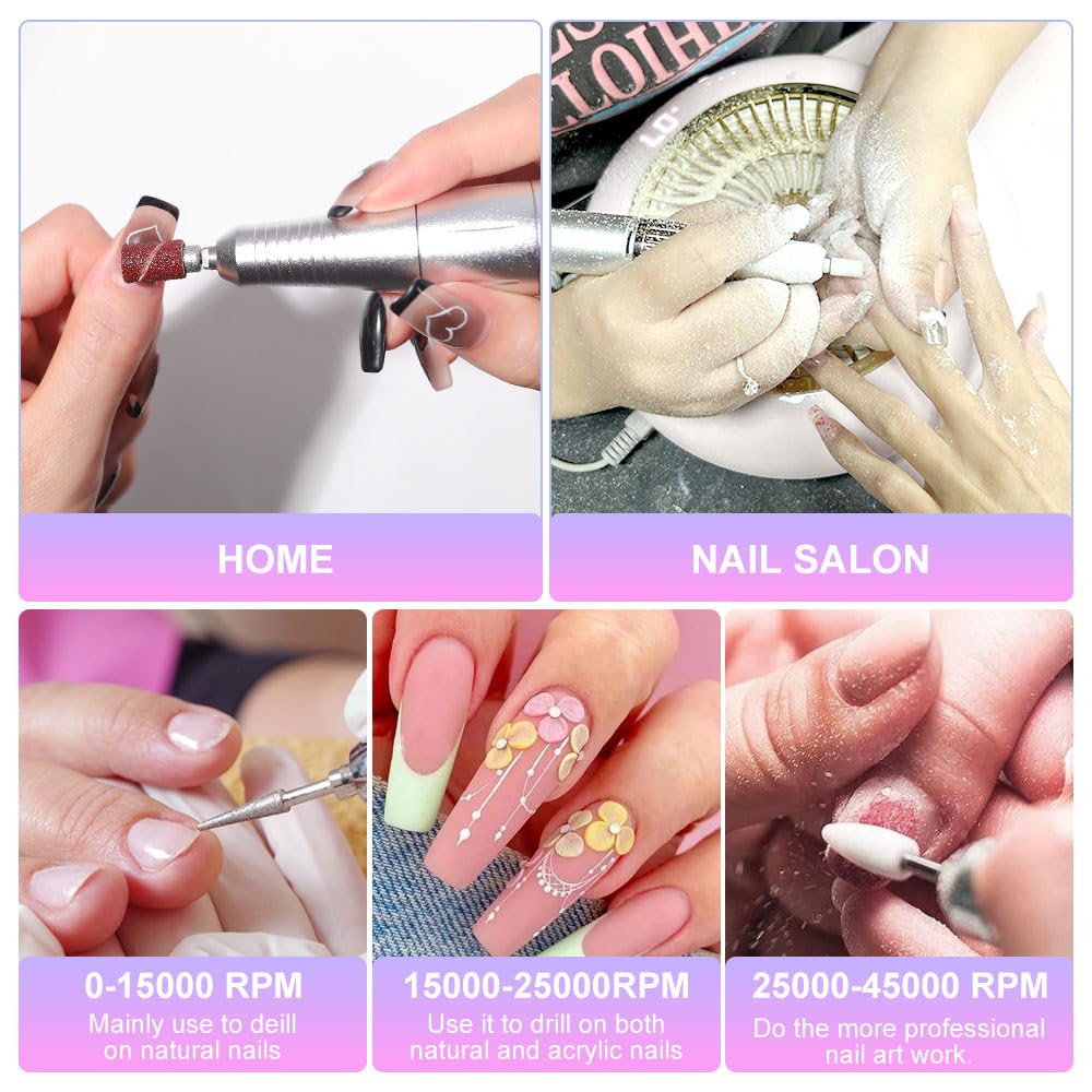 Professional Electric Nail Drill, 45000 RPM Cordless Rechargeable E-File Machine, with 12 Bits, Sanding Bands, LCD Display for Acrylic Gel Nails (DMJ-V6-Purple)