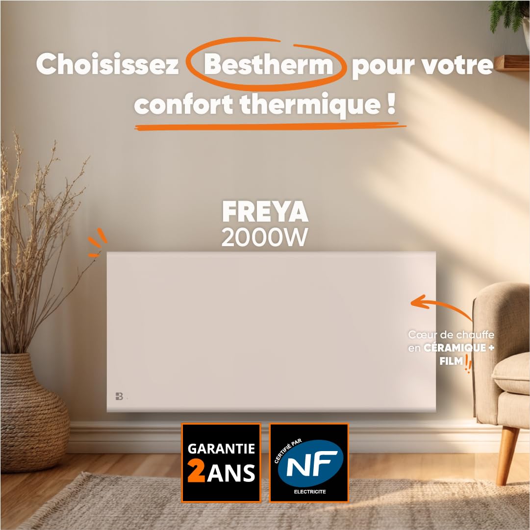 BESTHERM - Ceramiczny grzejnik elektryczny z suchą bezwładnością + folia pozioma 2000 W Bestherm FREYA biała