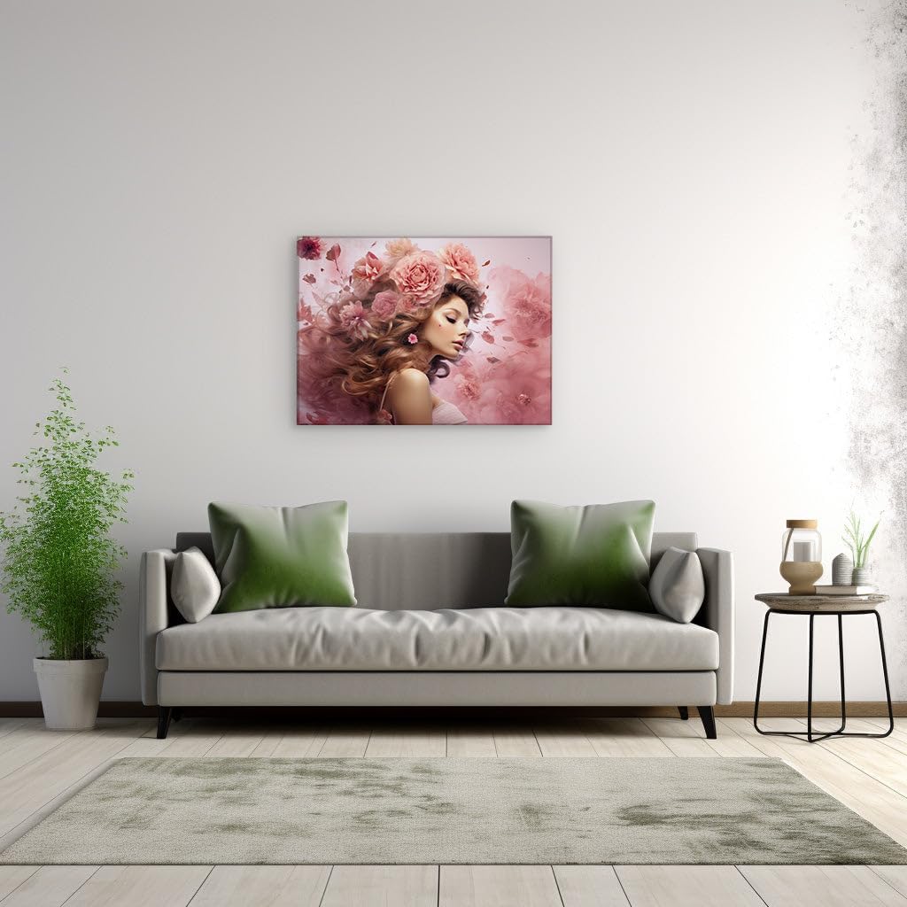 Canvas for Living room. Whimsical Elegance: A Dreamy Portrait of a Woman Adorned with Floral Beauty, 27 x 18 inch Canvas Wall Art - Contemporary Masterpieces - Botanical Home Decor