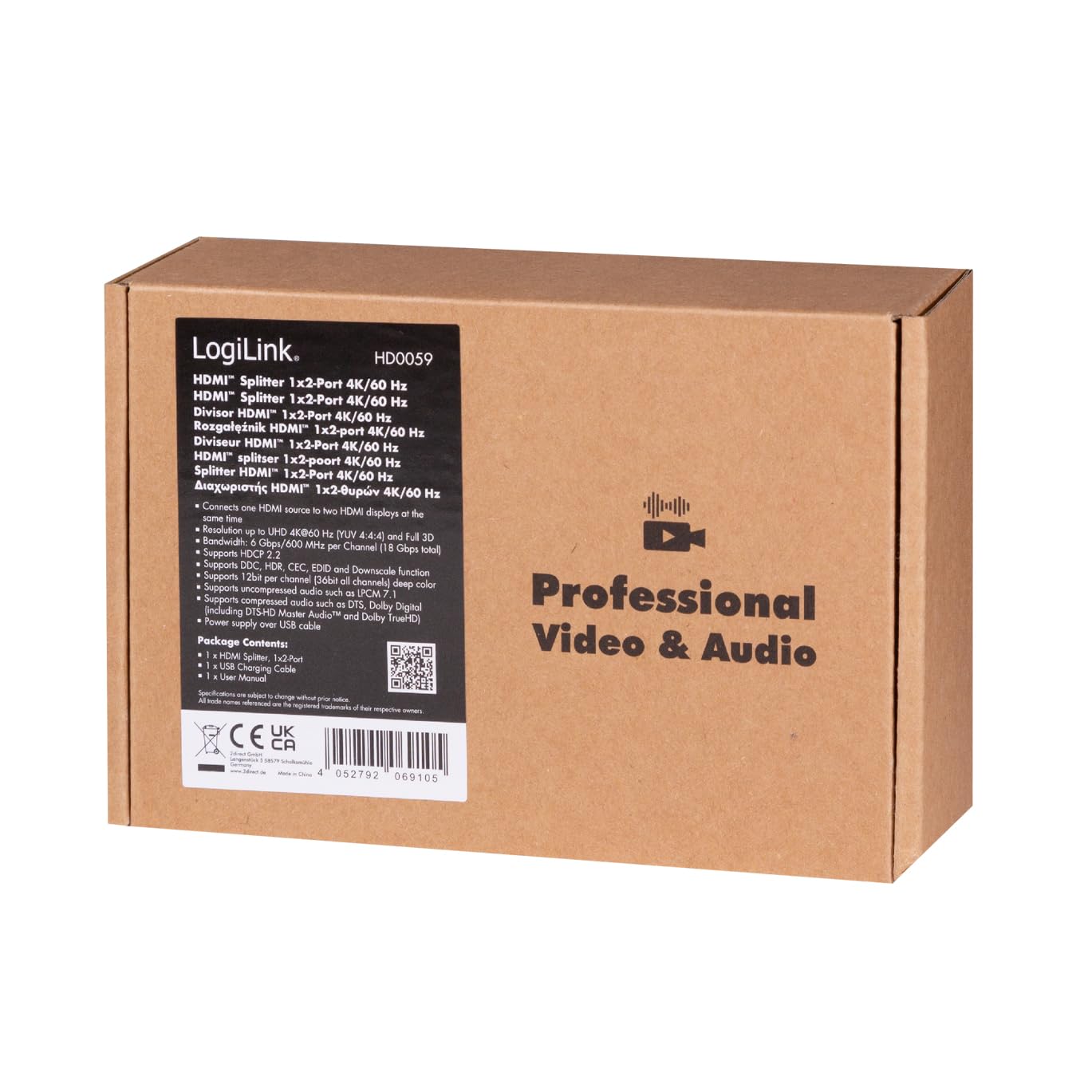 LogiLink Répartiteur HDMI 1 x 2 Ports, répartit 1 Signal HDMI (1 x entrée/Source) vers 2 appareils tels Que TV, projecteur, etc. (2 Sorties), en 4K/60 Hz, HDCP, HDR, CEC, Downscaler