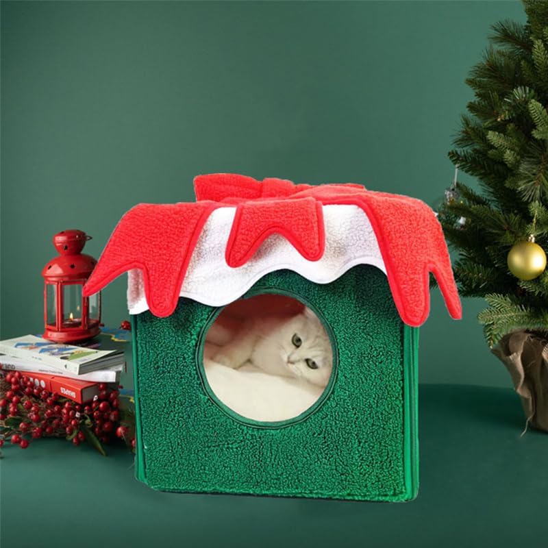 Christmas Cat Bed House, Large Space Square Fully Enclosed Warm Christmas Pet Cave, Box Shaped Xmas Cat Dog Cave Bed Nest Removable Cat Hideaways for Cat Dog Autumn Winter (Green)