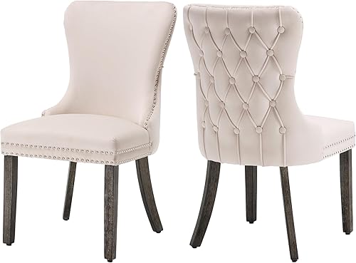 Juego de 2 sillas de comedor, tapizadas de alta gama con anillo trasero de clavo, patas de madera maciza, colección Nikki contemporánea, estilo disponible en Yaxa Colombia