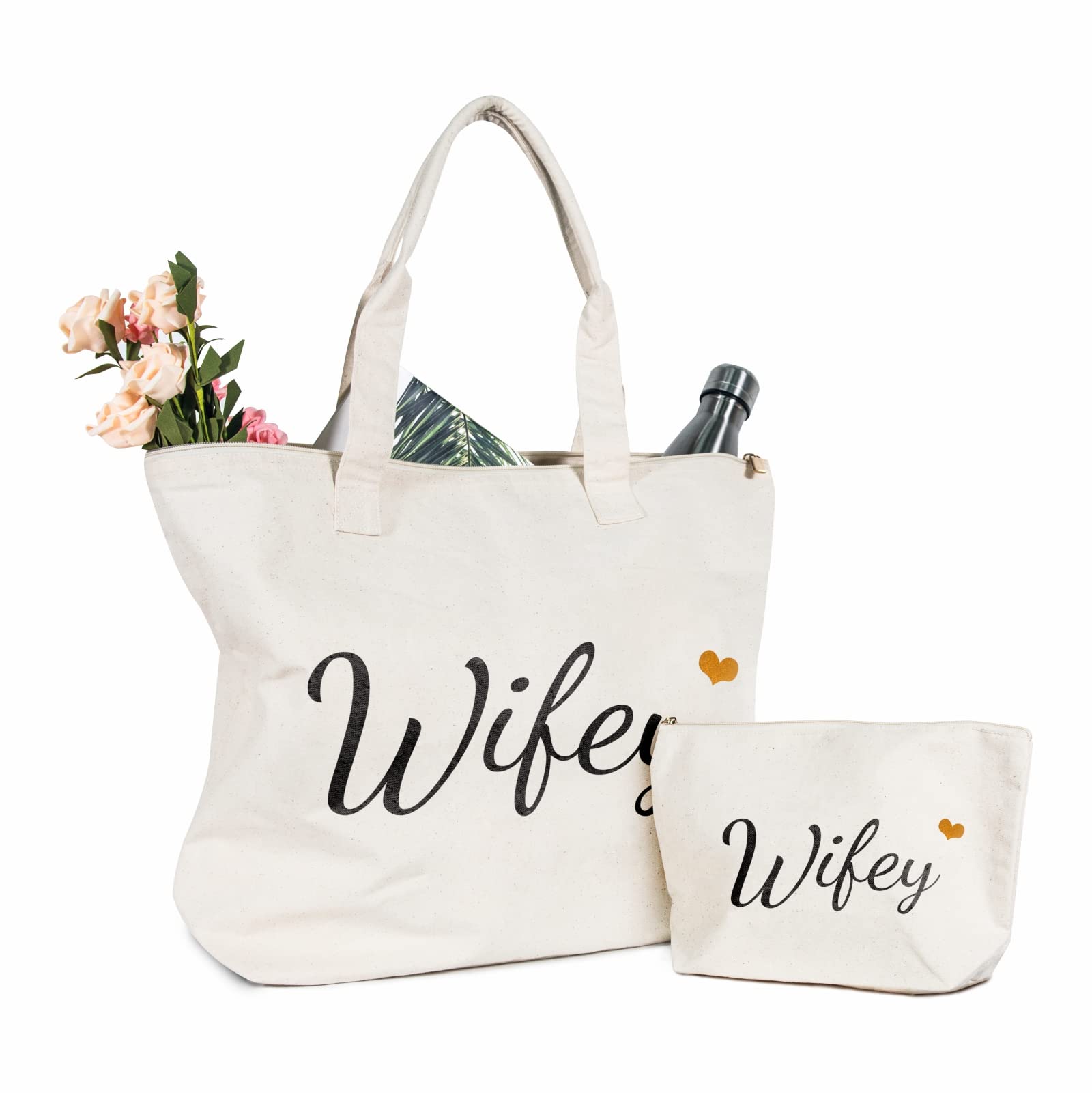 TOPDesignBride Canvas Tote Bag, Gifts for Engagement/Bridal Shower/Bachelorette/Wedding Party, Top Zipper