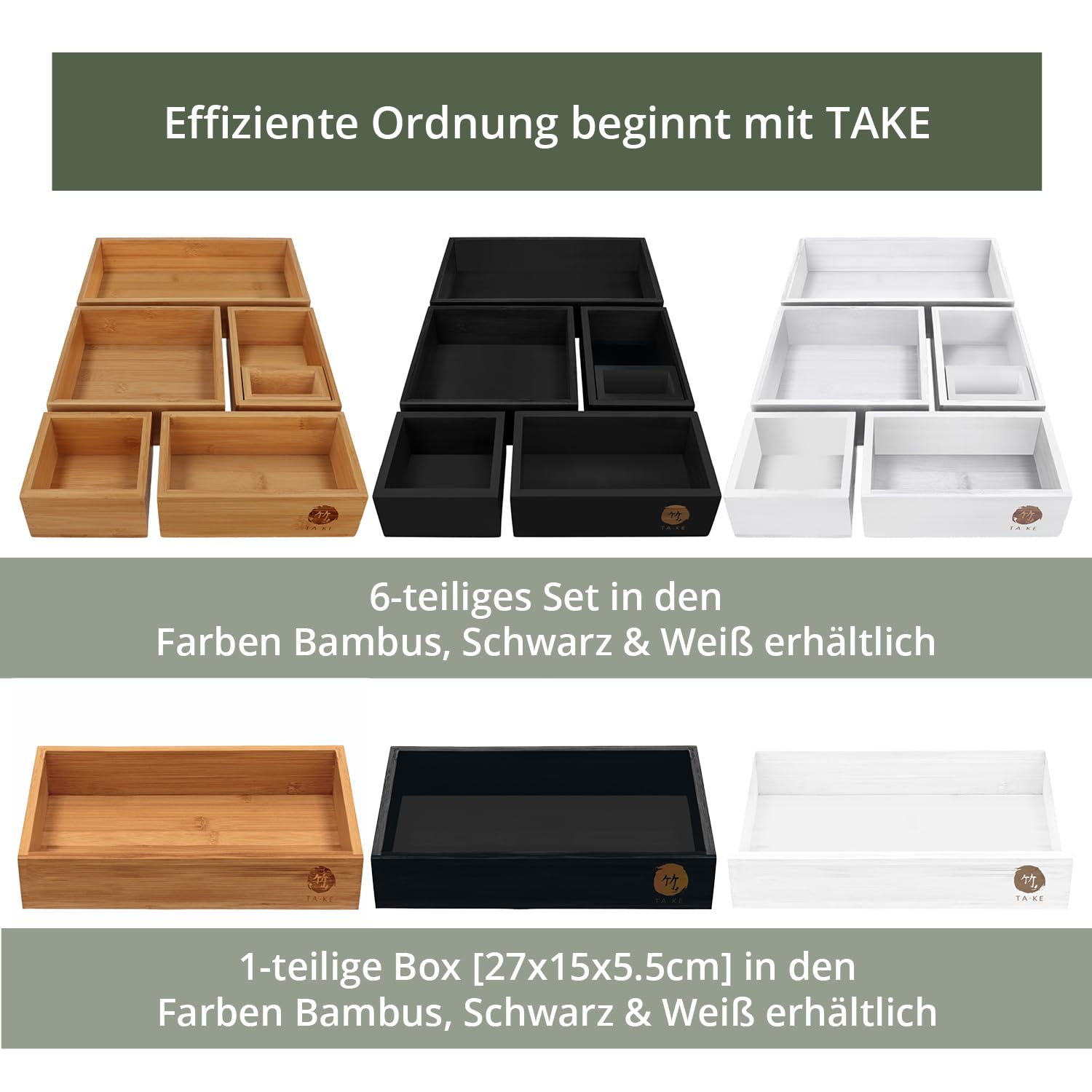 TAKE® 8-teiliges Schubladen Organizer aus 100% Natur Bambus - Boxen in vers. Größen für Küche, Bad & Büro, Schminktisch Organizer Bad, Drawer Organizer