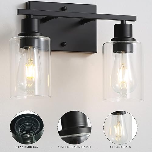 Miniatura 3 de EMONG Lámpara de baño de 2 luces, luz negra mate con pantalla de cristal, apliques de pared modernos para baño, espejo, granja, pasillo