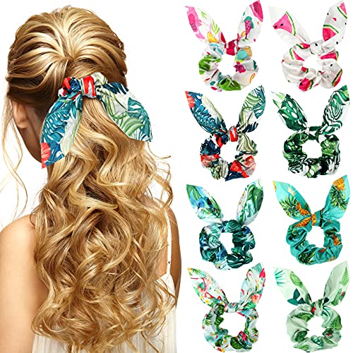 8 Pieces Soft Satin Silk Rabbit Hair Scrunchies, Cute Bunny Ear Elastic Hair Ties Bands, Bowknot Scrunchie Ponytail Holder, 2 in 1 Design Flamingo Pattern Elegant Ropes with Tail Ribbon for Women