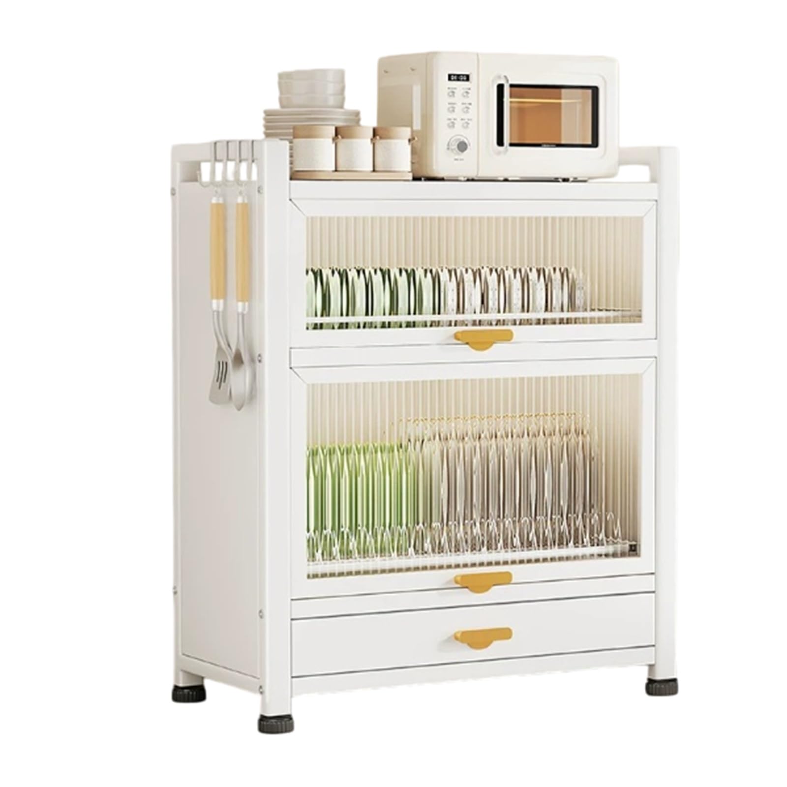 Escurridor de Platos con Puertas, Organizador de Cocina con Cajón | Acero al Carbono, Diseño a Prueba de Polvo, Organizador de Encimera, Gran Capacidad(Wit,57cm/22.4in)