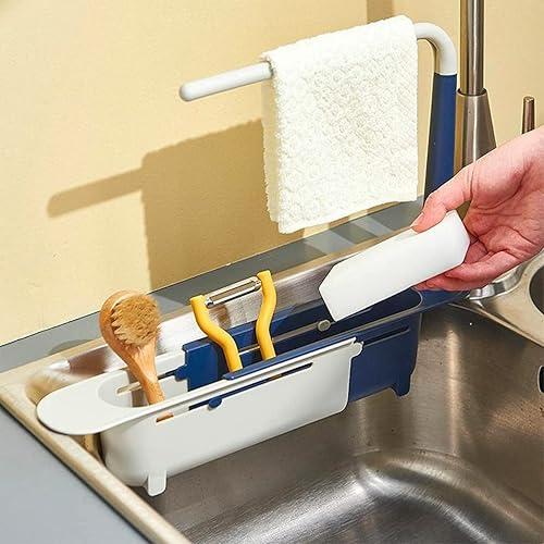 Soporte telescópico de almacenamiento para fregadero con 2 esponjas, soporte telescópico ajustable 2 en 1 con paño de cocina para el hogar (azul)