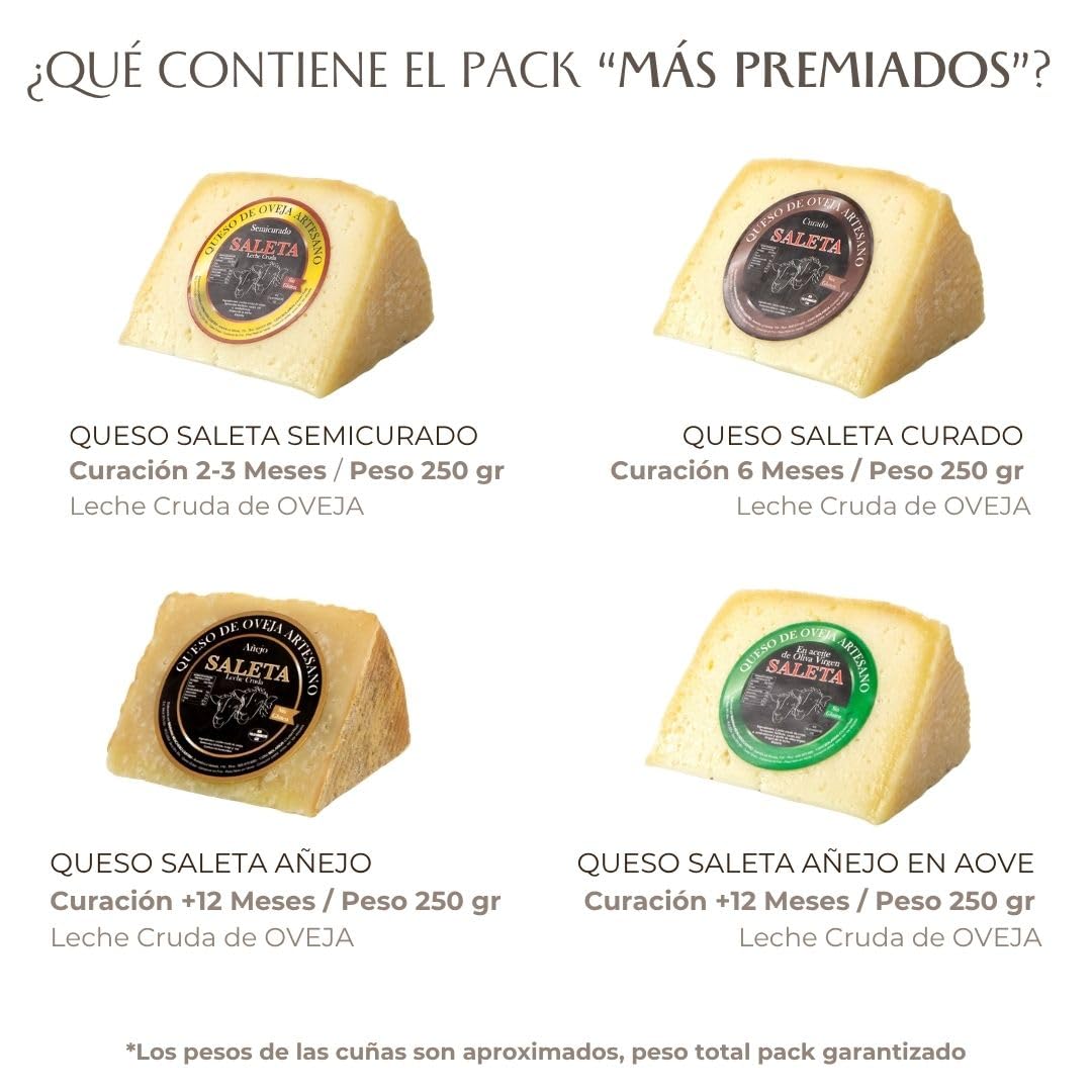 SALETA® Cesta Quesos Gourmet Regalo 4 Cuñas Queso Curado Semicurado Añejo Aceite Oliva Virgen Extra 1Kg