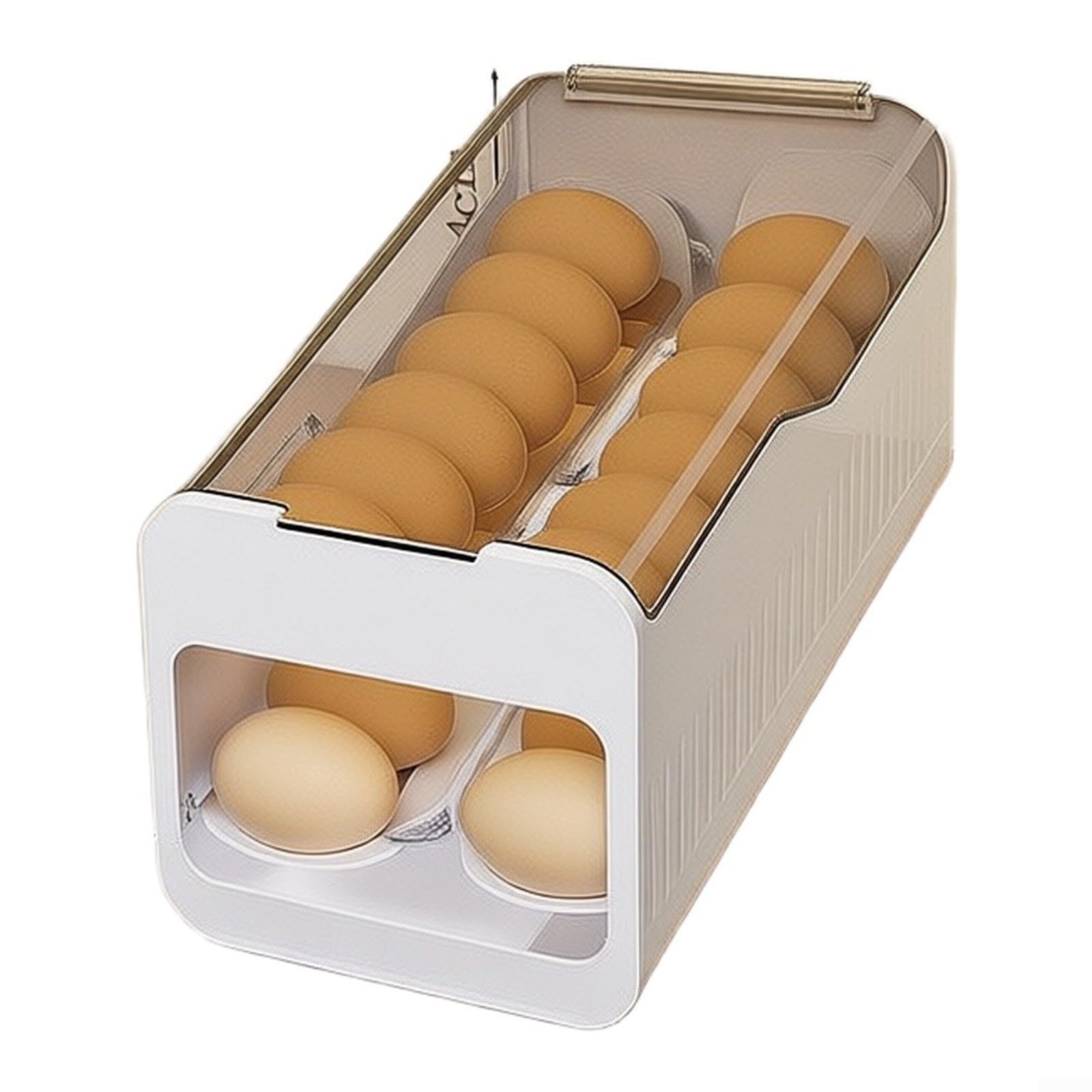 Contenedor de refrigerador apilable que ahorra espacio y dispensa huevos de forma automática