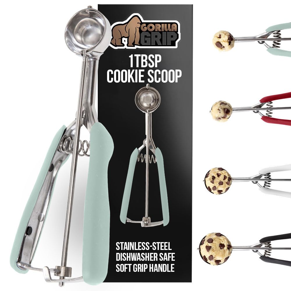 GORILLA GRIP Stainless Steel Cookie Scoop for Baking, 1 TBSP, Multipurpose Melon Baller, Meatball Spring Scoops, Perfect Portion Sizes, Easy Food Release, Scooper Size 60, BPA-Free Kitchen Tool, Mint