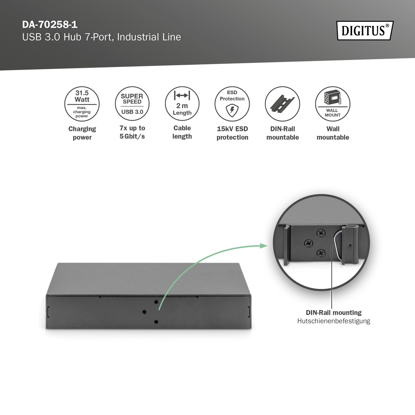 Digitus Usb 3.0 Hub 7-Port Industrial Line (dA-70258-1)
