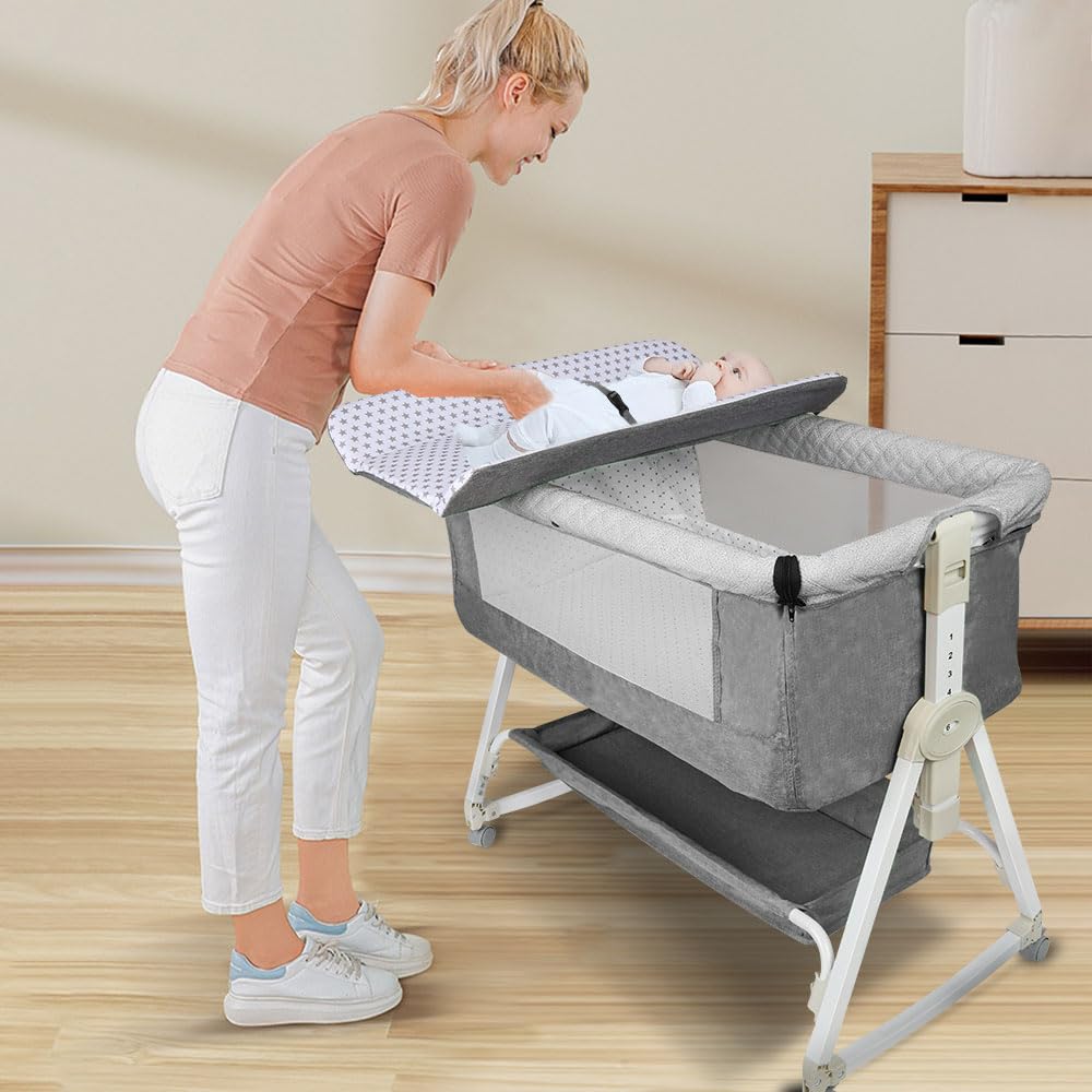 Supfine Berceau Cododo 4 en 1 Lit Bébé Multifonction avec Table à Langer et Rangement, 6 Niveaux de Hauteur, Lin Gris 95x50x98-110 cm