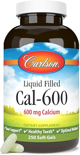 Carlson Cal-600, 600 mg de calcio, soporte óseo, dientes saludables y bienestar óptimo, 250 cápsulas blandas