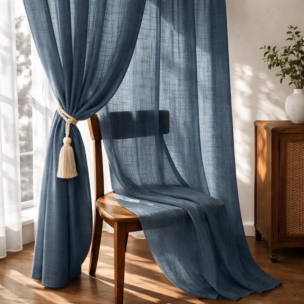 THE LINEN COMPANY Cotton Linen Sheer Long Door Drapes, Lightweight Transparent Curtain with Rod Pocket, Soft Light Filter Privacy Panel for Home Decor, Navy Blue, 8 Feet, Pack of 1