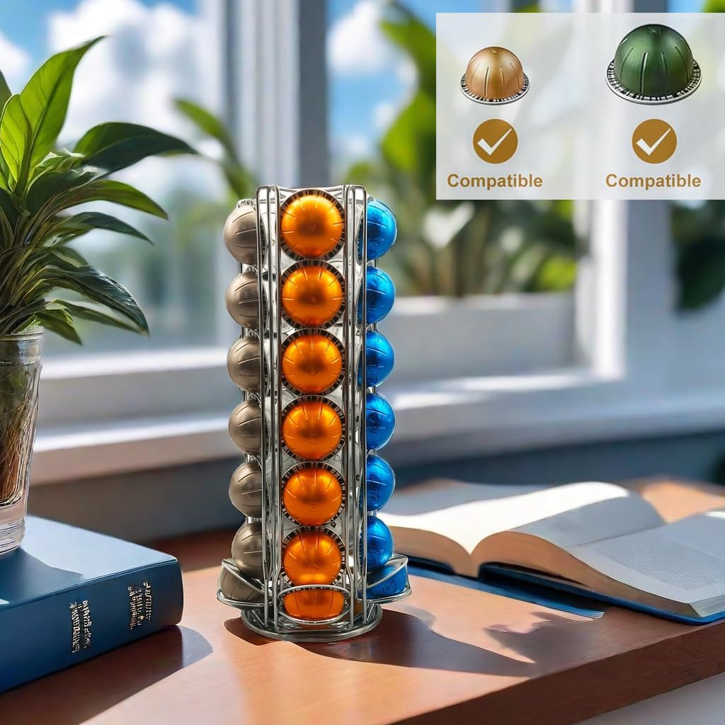 Meelio Coffee Pod Holder for Nespresso Vertuo, 360 Degrees Revolving Carousel, Holds 28 Nespresso Vertuo Pods, Space-Saving Countertop Organizer, Smooth Spin & Secure Slots, Black: Silver 35 Vertuo Pod