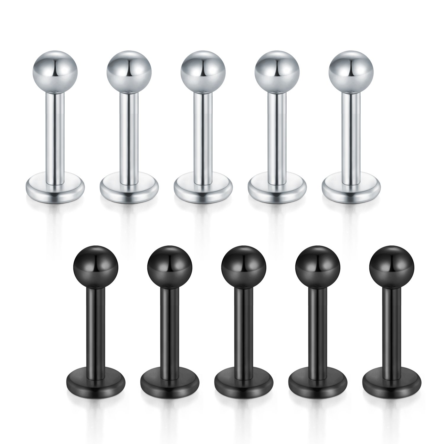 Briana Williams 10 piezas de acero inoxidable Lip Labret Stud Tragus Helix Cartílago Stud Bar Piercing joyería de plata y negro