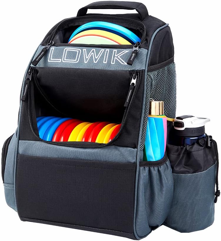 Lowik Disc Golf Bag, Multiple Storage Pockets Shuttle Bags Backpack, Lightweight Durable Easy to Carry Backpack with 20+ Capacity for Beginner, Hobbyist, Adults, Teenagers, L, 626BL