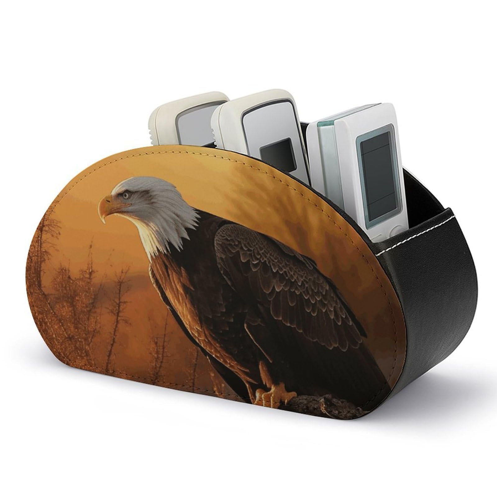 VstaDank Golden Sunset Bald Eagle Remote Control Holder with 5 Compartments PU Leather Remote Caddy Desktop Organizer Store TV Remote Control Storage Box for Home Office Desk Nightstand