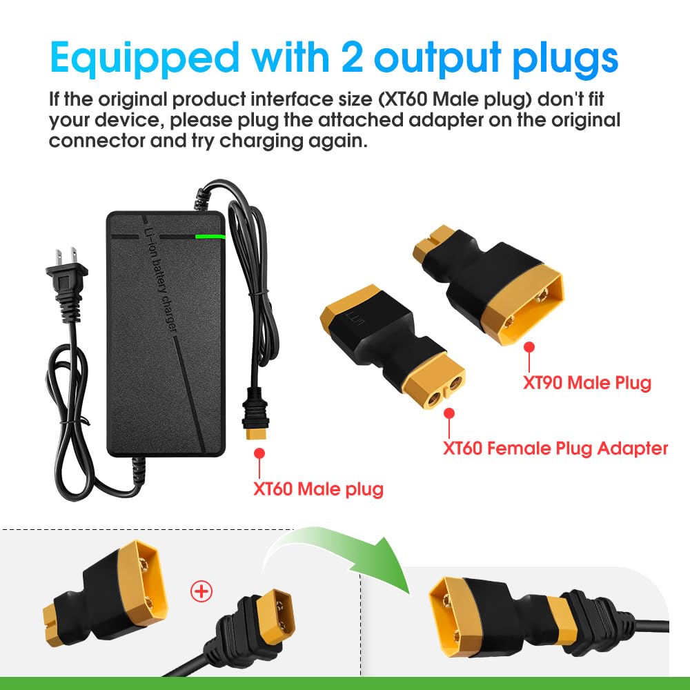 Cargador de 67.2V5A con Enchufe 6 en 1 para batería de Litio de 60 V como Coche, camión, cortacésped, Barco, baterías Marinas (Enchufe XT60/XT90)
