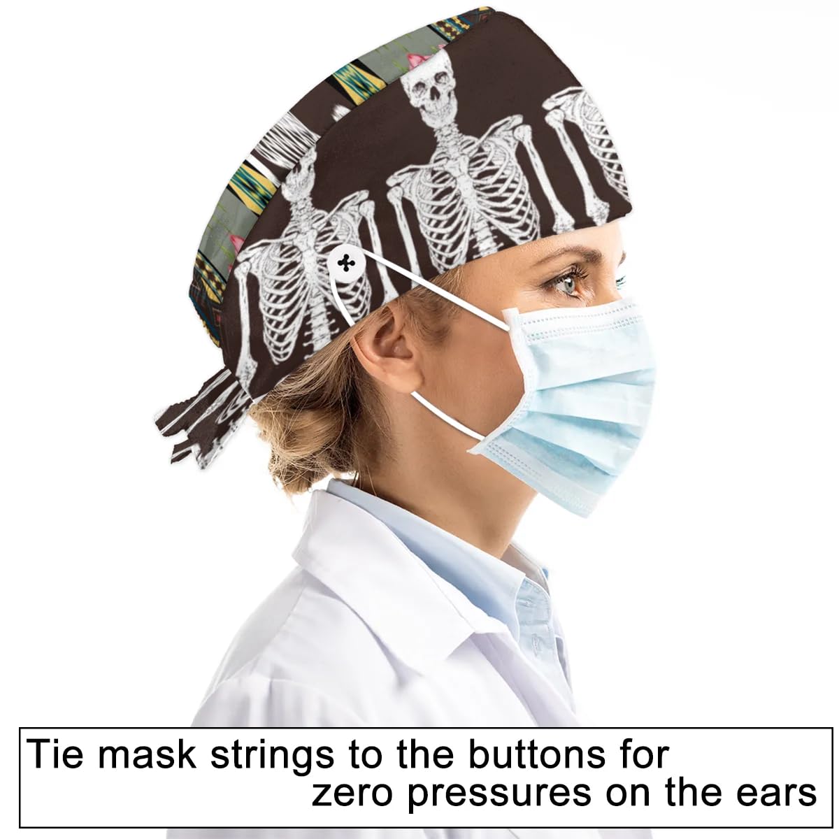 Mularoka Rosette Skull Man Vintage Working Caps with Button Sweatband Comfortable Adjustable Bouffant Hats Work Hat for Women Men