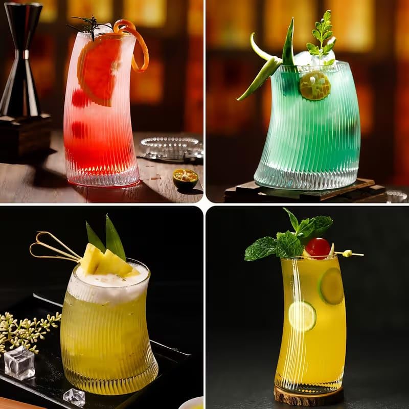 Image of PrimeWorld 520 ml Stripe Slanting Moon Shape Glass | Creative Cocktail, Juice & Milk Drinking Glass | Unique Designer Glass Tumbler for Parties, Home & Cafe