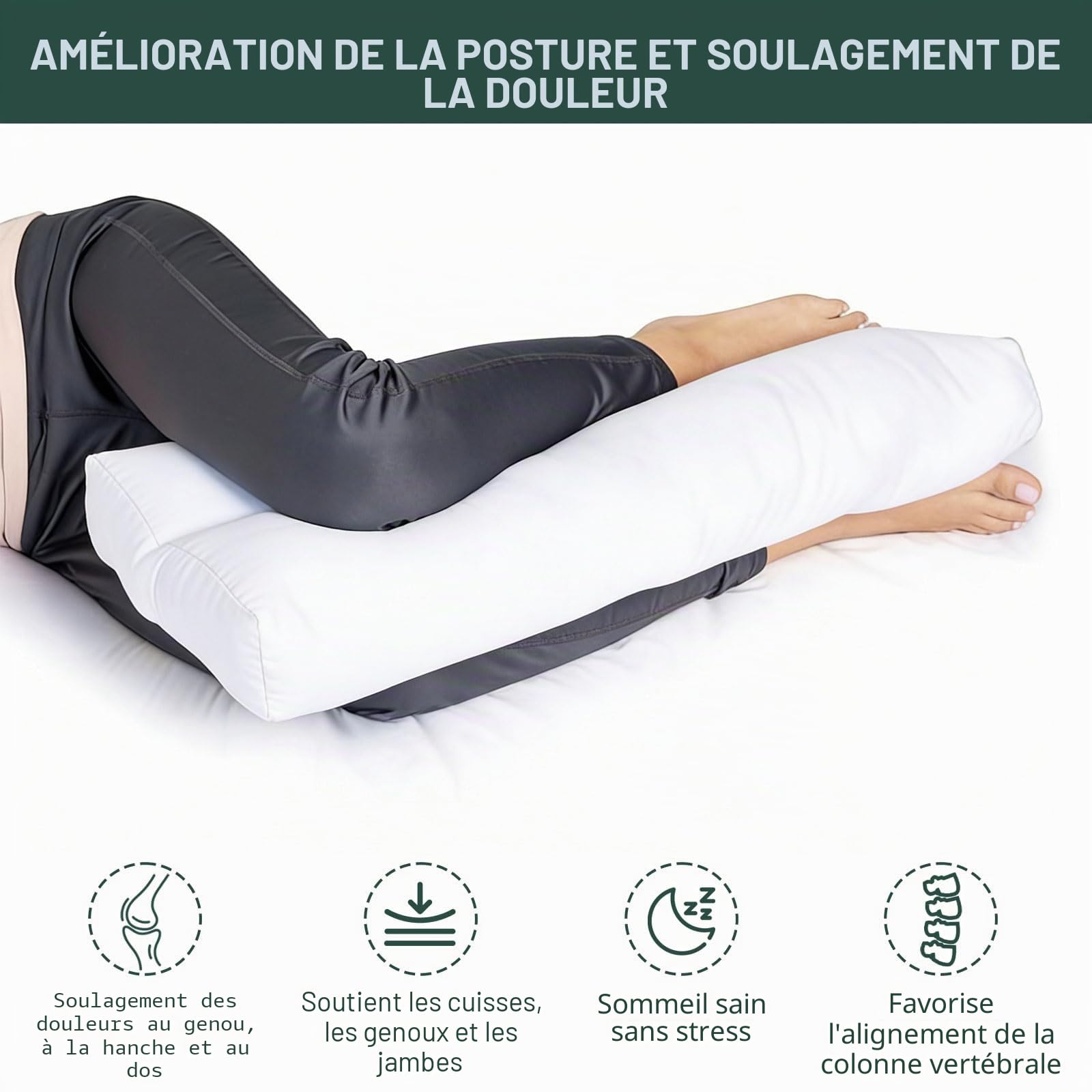 Coussin de genou pour les personnes dormant sur le côté, coussin ergonomique sans sangles, en coton, coussin de positionnement latéral extra long pour soulager les hanches et les jambes