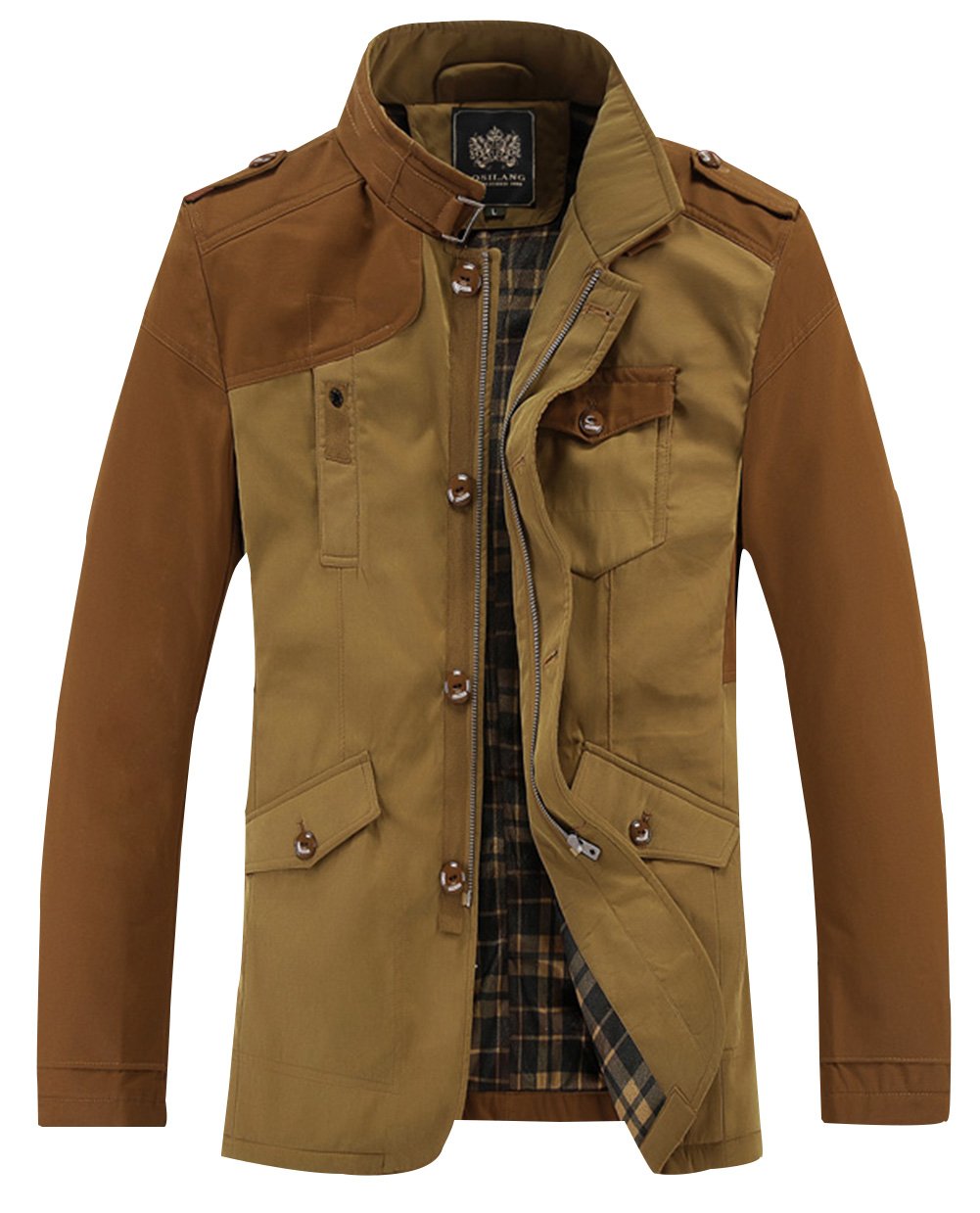 BSLG Men's Slim Stand Collar Mid-length Jacket Coat L Khaki