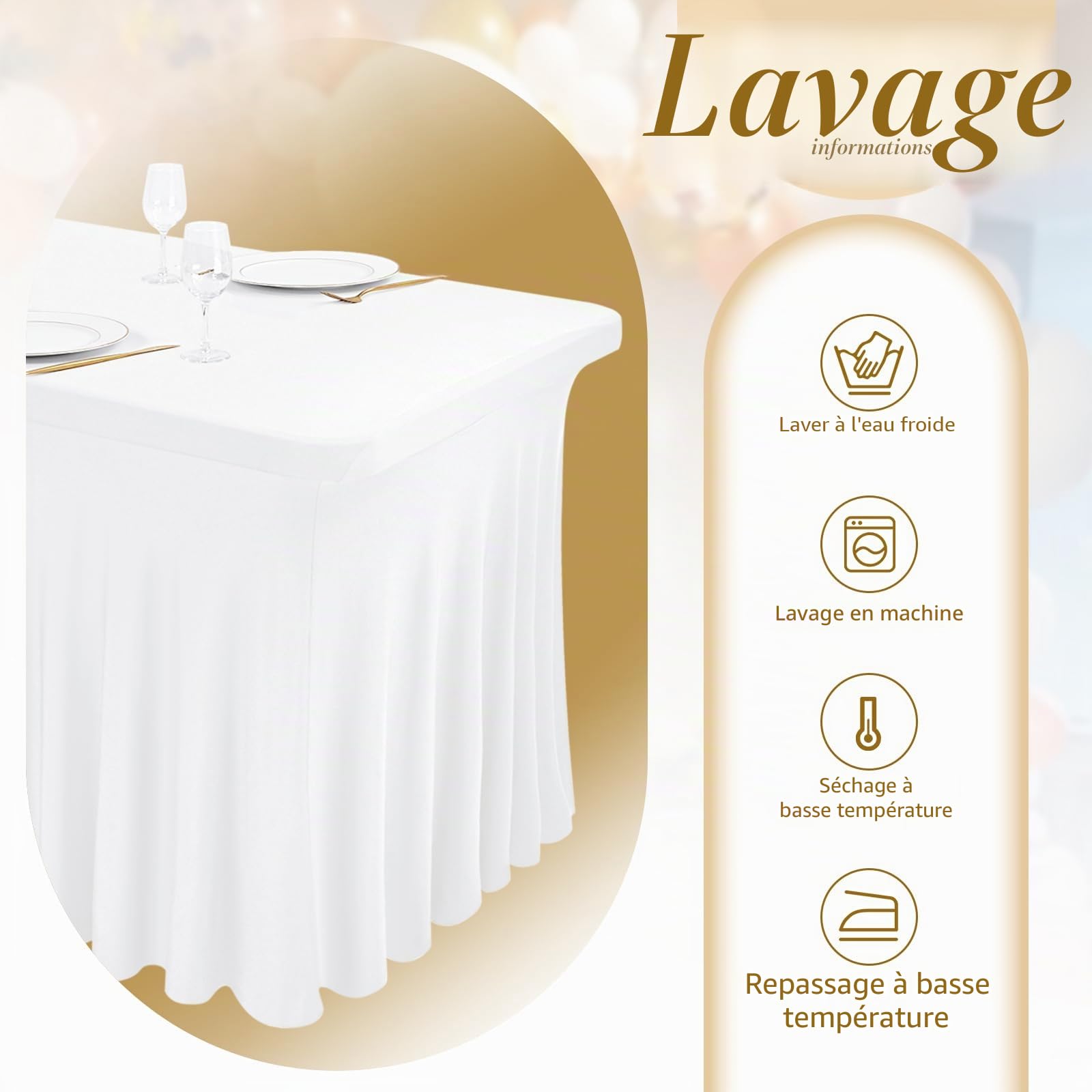 Teruntrue Jupe de Table en élasthanne de 2,4 m Extensible avec Jupe, Jupe de Table Lavable pour Table rectangulaire de 2,4 m pour Mariage, fête d'anniversaire, expositions, Bar à Cocktails (Blanc)