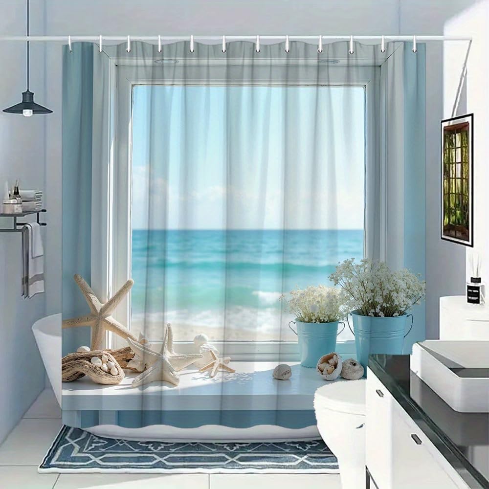 GLWDMB 1 Piece 90x180CM Serene Coastal Beach in Window View Printed Shower Curtain With Hook, Polyester, for Windows And Walls, Bathtub, Bathroom, Machine Washable, All Season Universal
