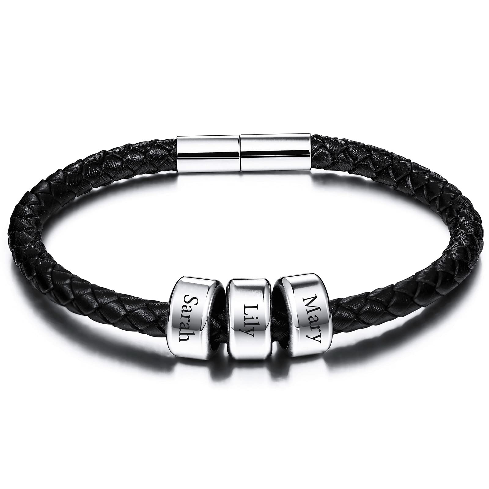 INBLUENegro/Rosa/Rojo/Marrón Cuatro colores 2 ～ 6 Nombres personalizados Brazalete de pulsera de cuero genuino para hombres de la familia Mujeres Niños Niñas Cuerda trenzada Acero inoxidable