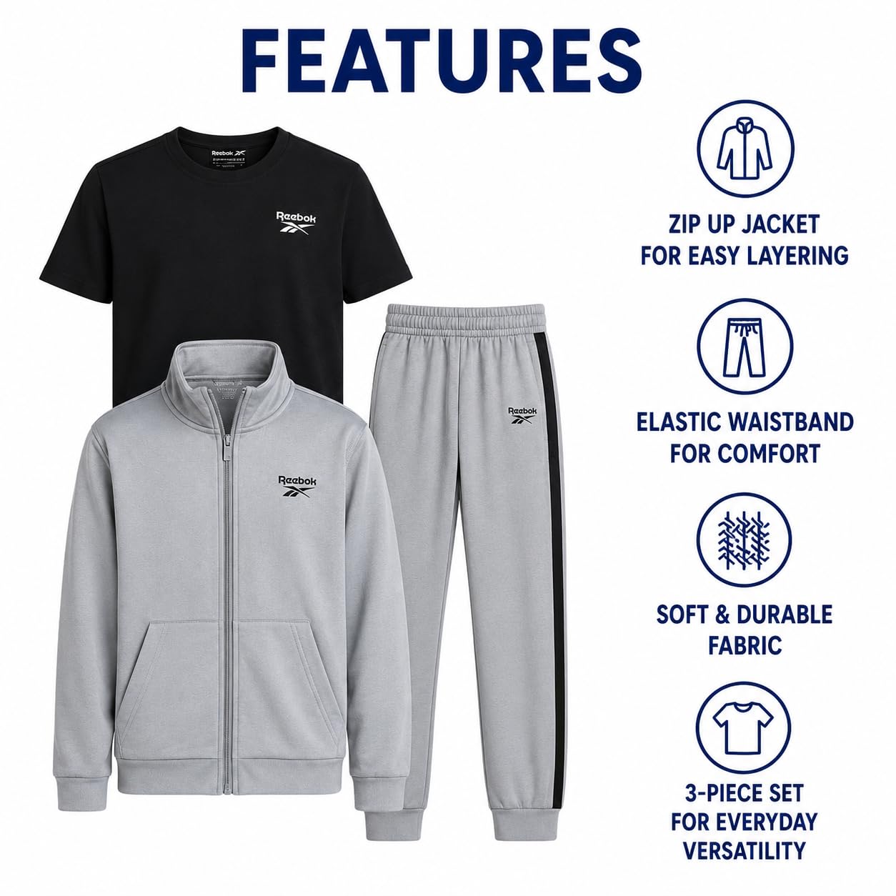 Reebok Conjunto deportivo de 3 piezas con chaqueta de punto con cremallera, camiseta y pantalones deportivos para niños