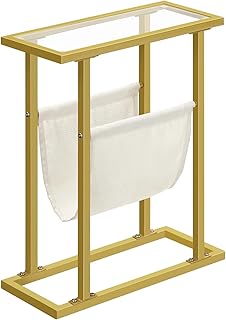 HOOBRO Narrow Side Table, Gold Side Table, Slim Bedside Table, Tempered Glass End Table, Small Side Table with Magazine Holder, Sofa Side Table for Living Room, Bedroom, Space Saving, Gold EGD78BZ01