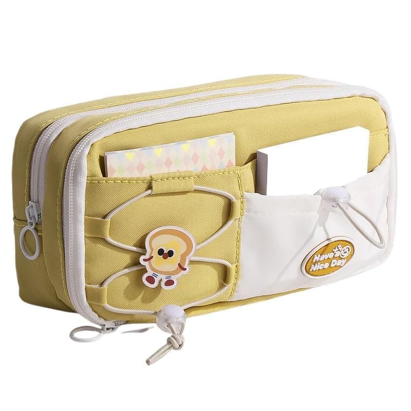 Image of Canvas School Bag Pencil Case, 3 Layer 6 Compartment Large Capacity, Aesthetic Pencil Pouch for Stationary, Cute Stationery for Kids, Pencil Case for Girls & Boys (Nice Day Yellow)