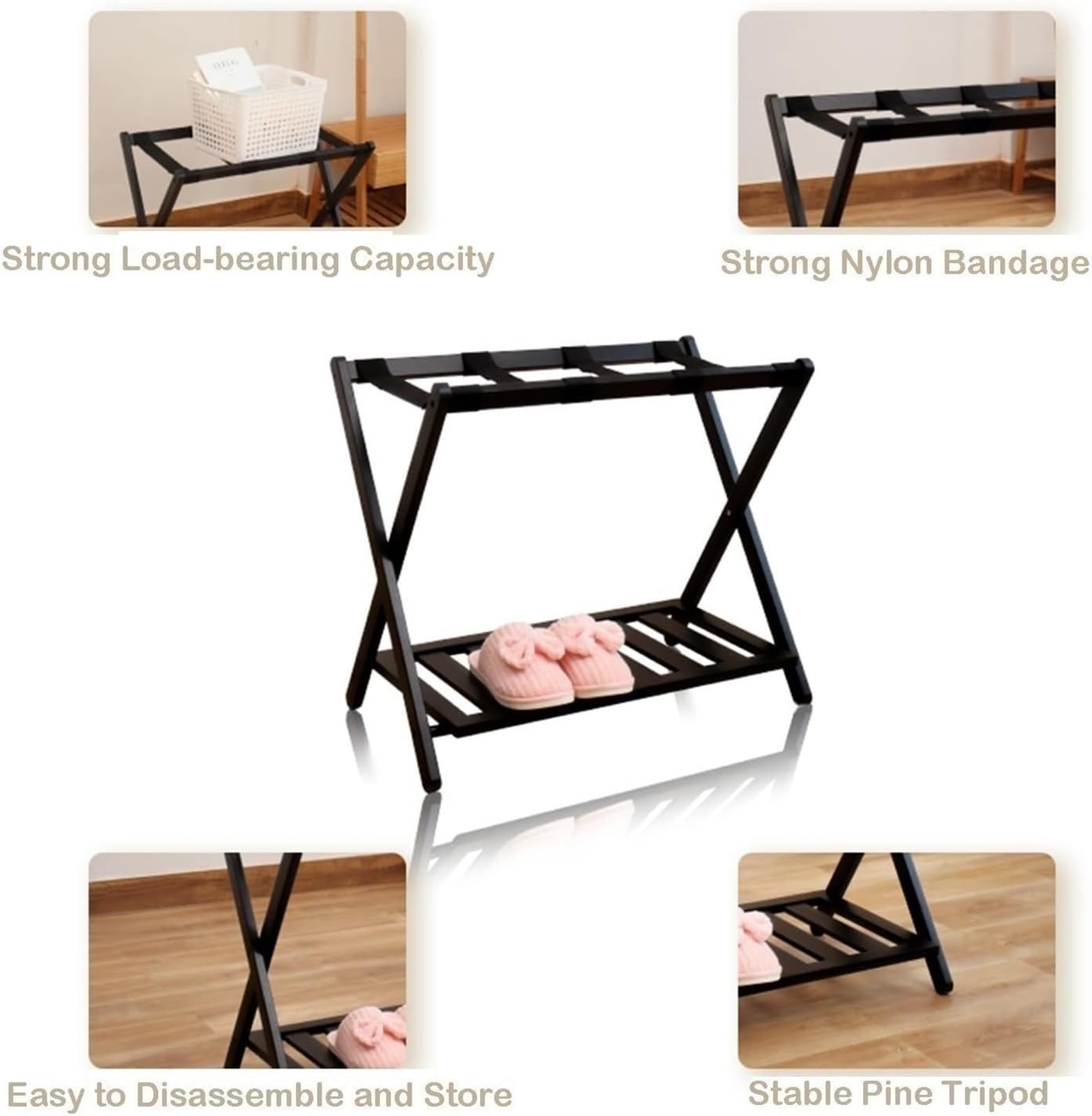 Portaequipajes Soporte Para Maletas Portaequipajes Para Habitación De Invitados, Soporte Para Maleta Con Estante, Estante Plegable De Bambú Para Equipaje De Doble Capa Portaequipajes Para Hotel