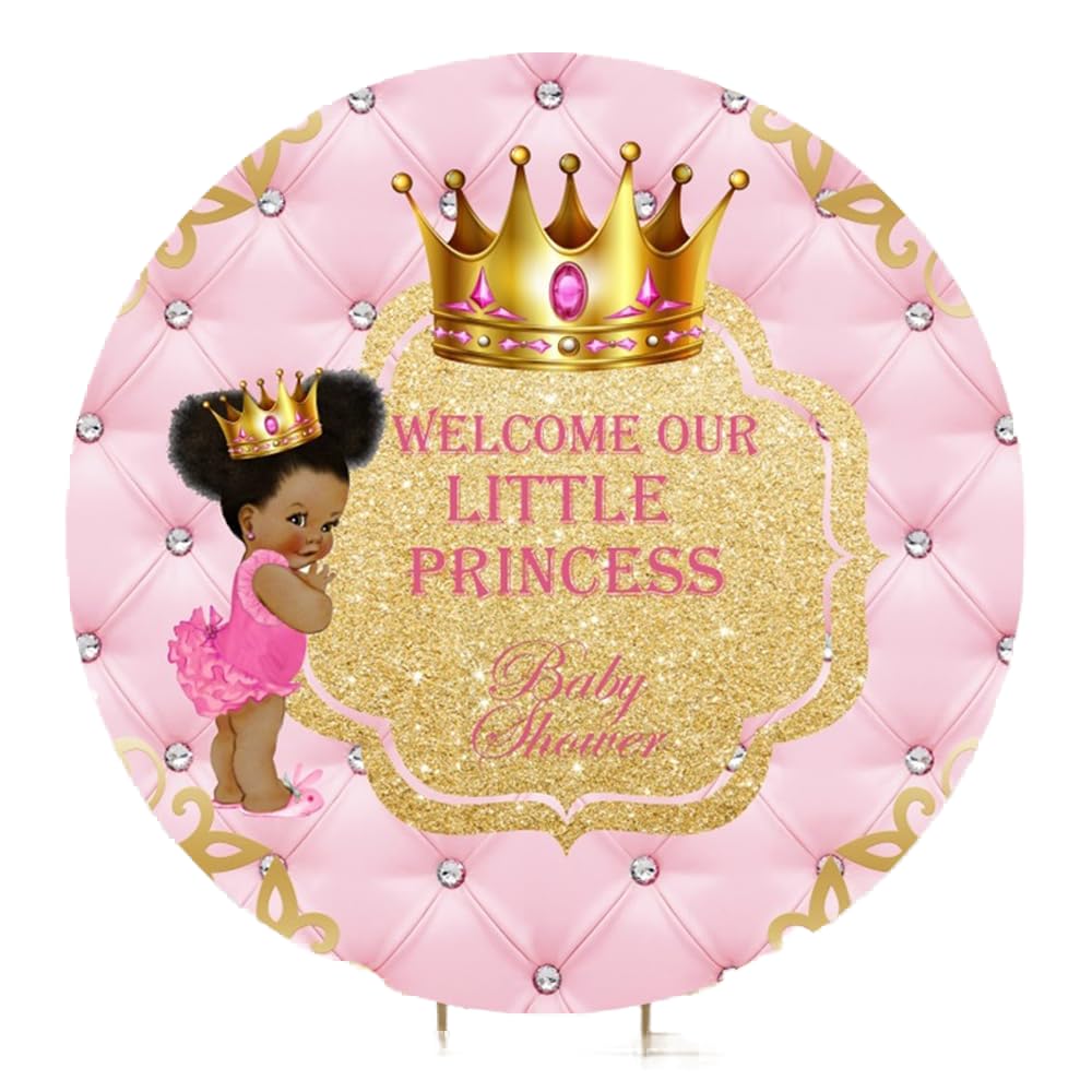 OFILA Welcome Our Little Princess Round Backdrop 7.2FT Gold Crown Pink Circle Background Cover for Photography Birthday Baby Shower Newborn Baby Girl