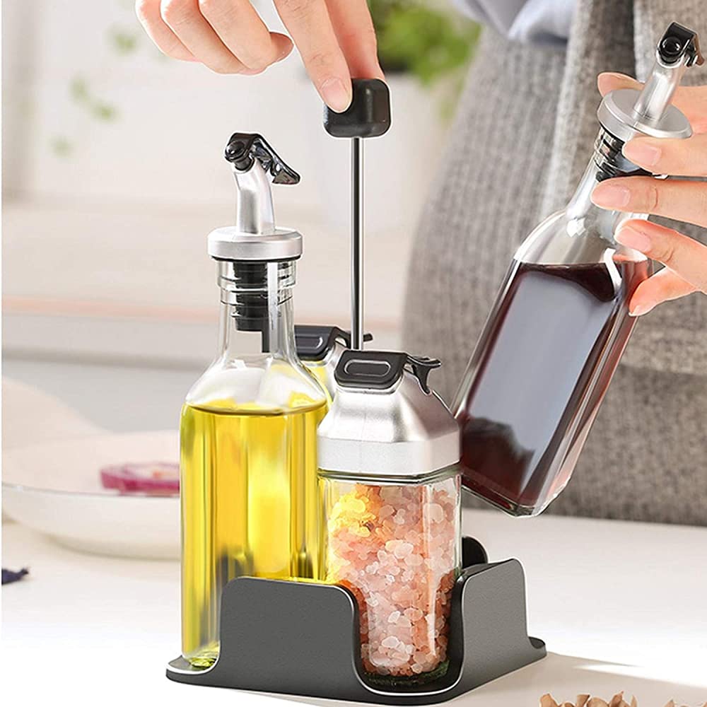 Set Per Dispenser Di Aceto, Olio, Sale E Pepe - Set Di Ampolle Per Aceto - Bottiglia Di Vetro, Acciaio Inossidabile - 5 Pezzi-Style A