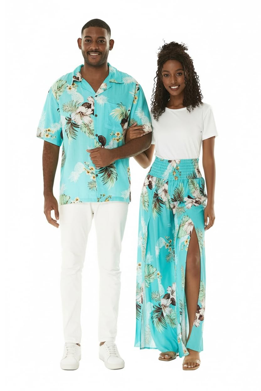 Matchable Couple Hawaiian Luau Shirt or Wide Legged Pants in Pineapple Garden Turquoise