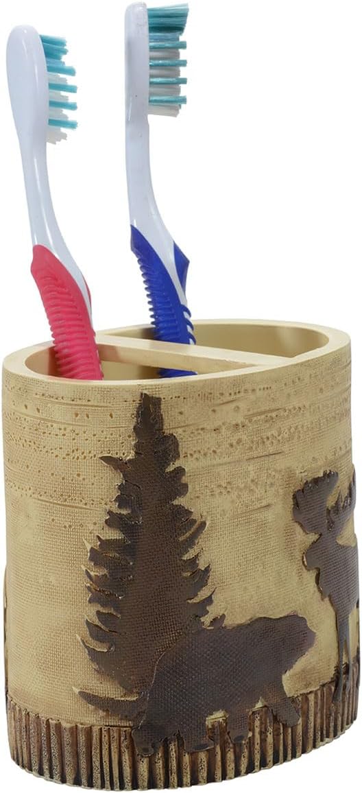 BLACK FOREST DECOR - Woodland Moose & Bear Toothbrush Holder - Aged Rustic Bathroom Décor for Cozy Cabin Style - 4.5" x 4.25" x 3"