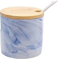 Vista 4 de Juego de 3 tarros de especias de cerámica de mármol con cucharas y tapas de bambú y bandeja (azul)